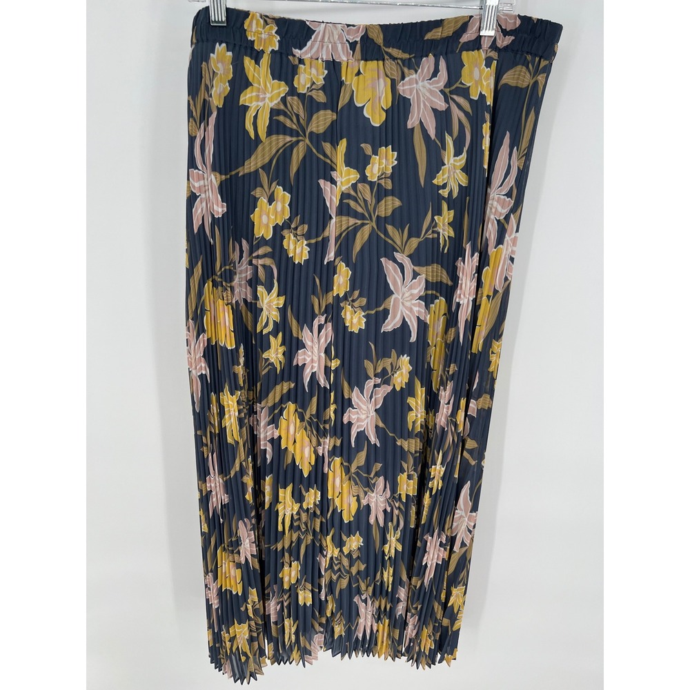 LOFT Pleated Maxi Skirt XL Dusty Blue Yellow Floral Elastic Waist Accordion